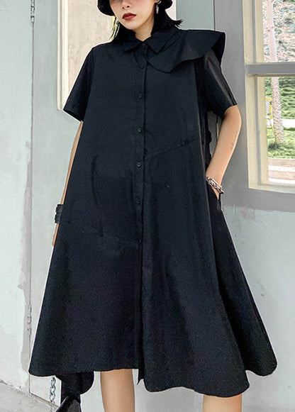 Black Button Peter Pan Collar Asymmetrical Design Party Dress Short Sleeve
