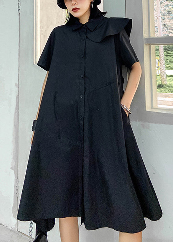 Black Button Peter Pan Collar Asymmetrical Design Party Dress Short Sleeve