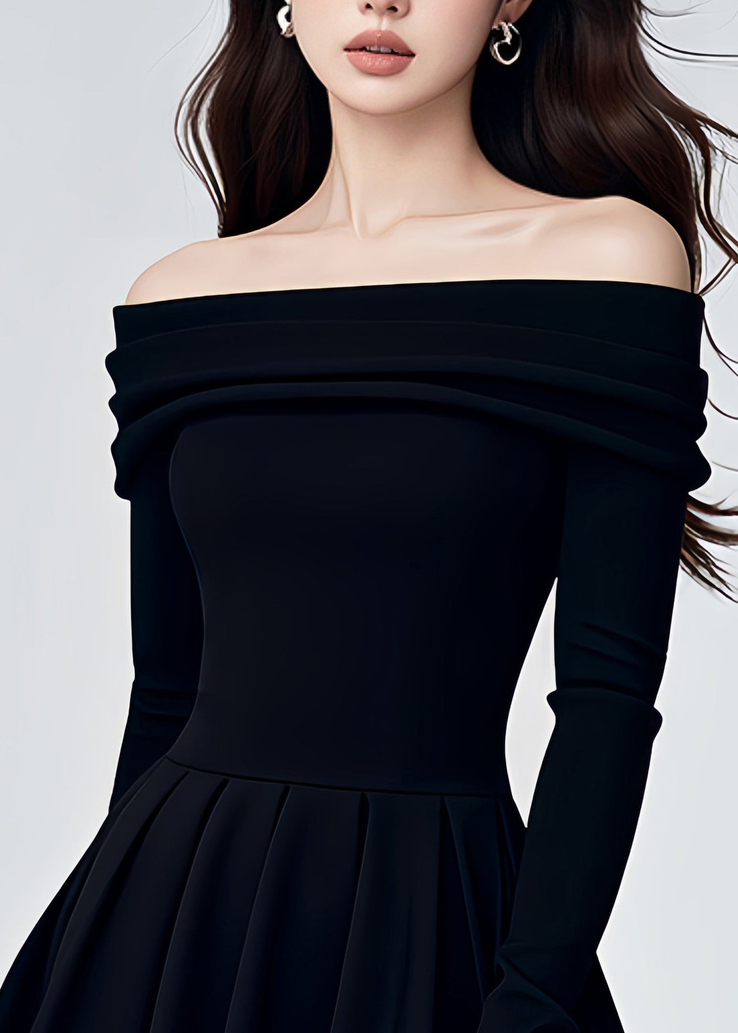 Black Cold Shoulder Knit a Line Mid Dresses Spring