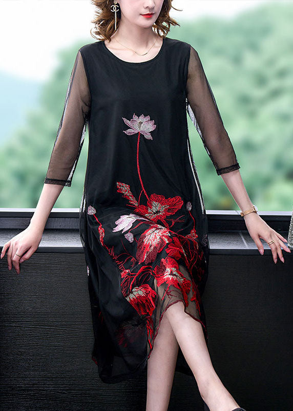 Black Embroideried Hollow Out Tulle Robe Dresses Bracelet Sleeve