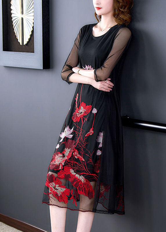 Black Embroideried Hollow Out Tulle Robe Dresses Bracelet Sleeve