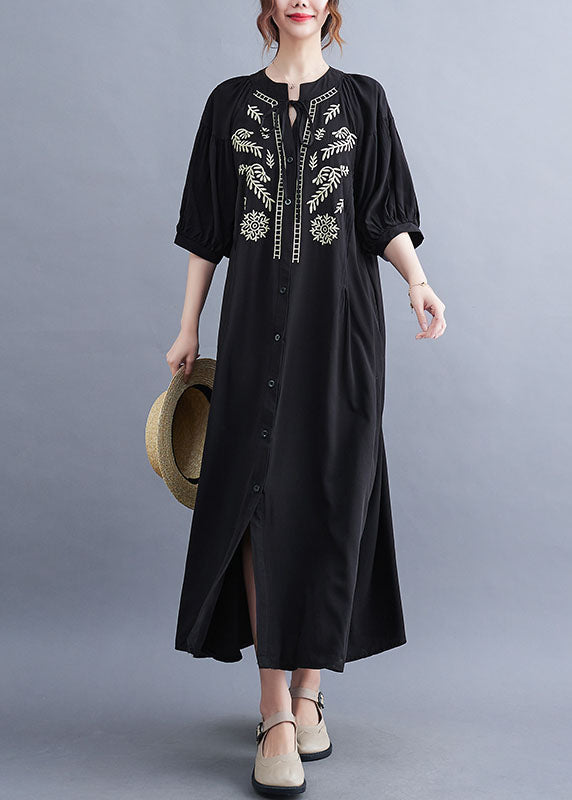 Black Embroideried Lace Up Cotton Maxi Dress Summer