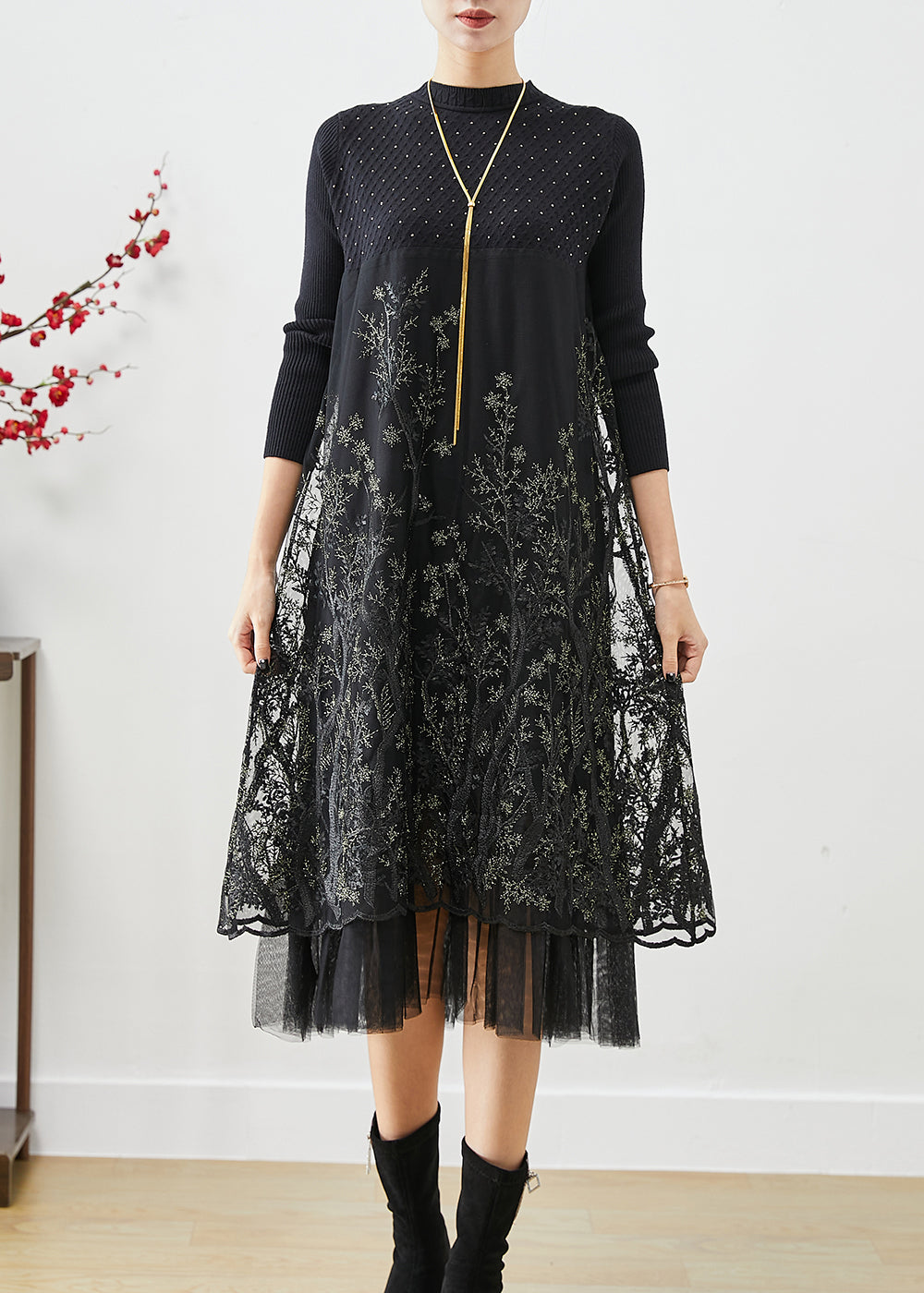 Black Embroideried Patchwork Knit Dresses Fall