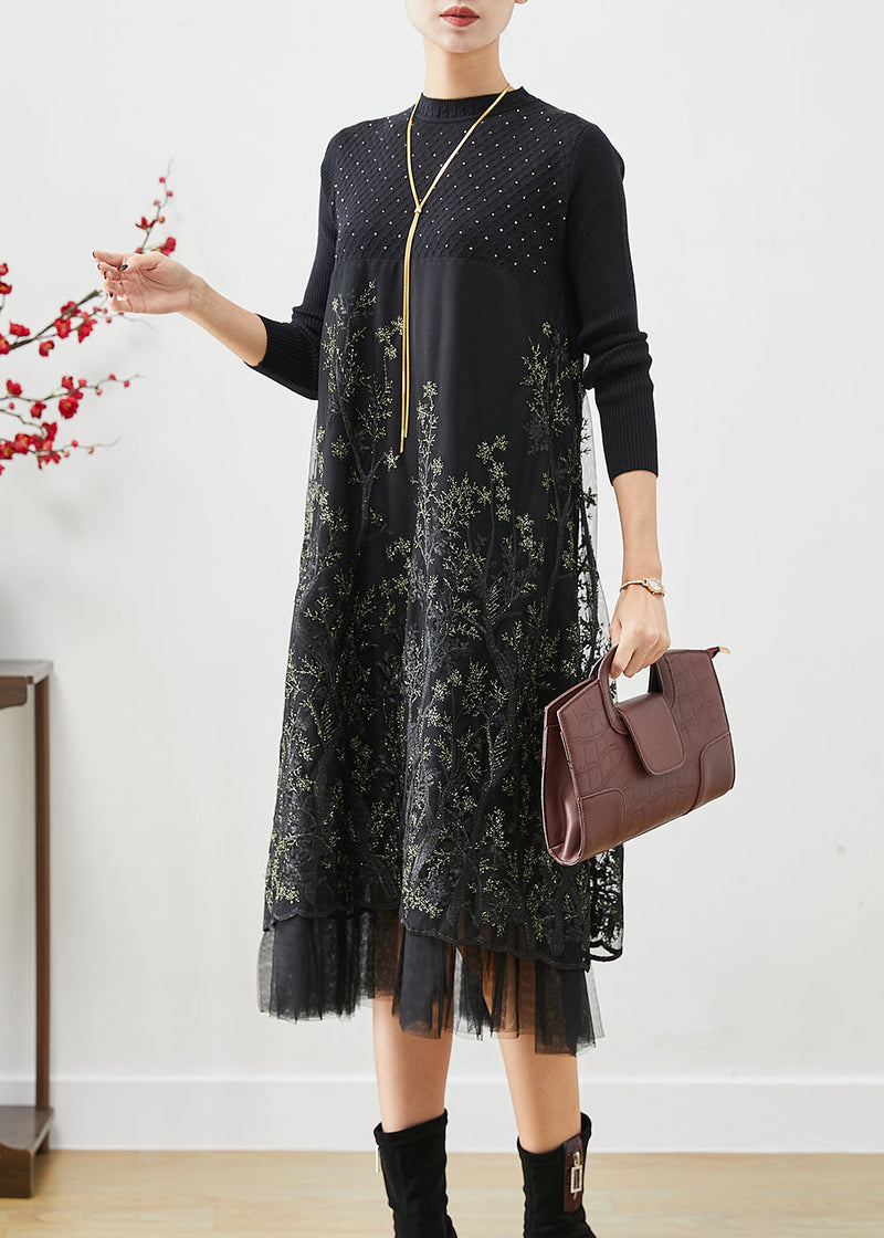 Black Embroideried Patchwork Knit Dresses Fall