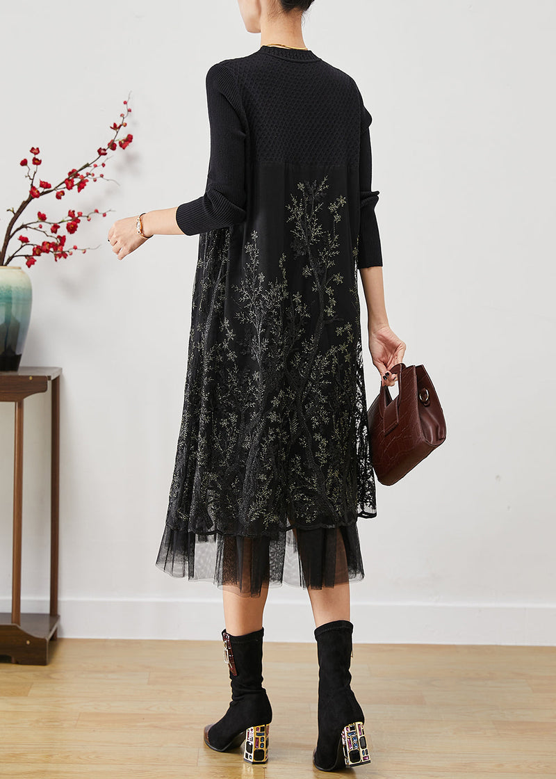 Black Embroideried Patchwork Knit Dresses Fall