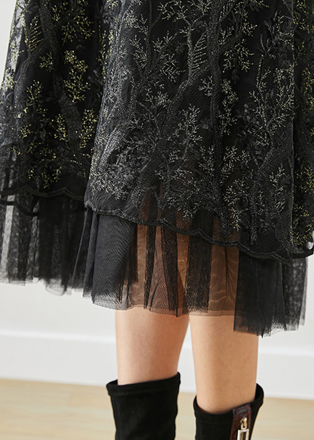 Black Embroideried Patchwork Knit Dresses Fall