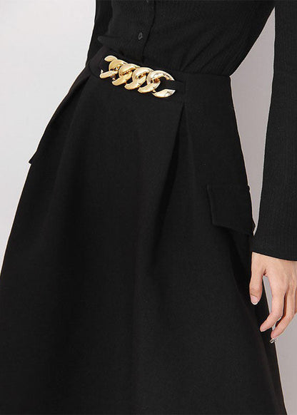 Black False Pockets a Line Skirts Spring