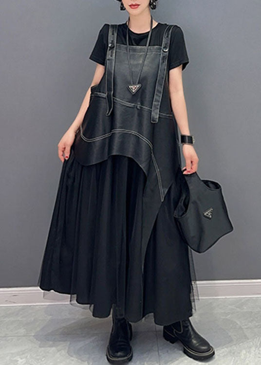 Black Faux Leather Asymmetrical Patchwork Tulle Dresses Summer