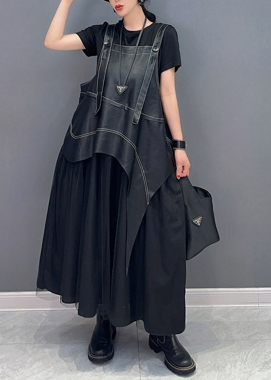 Black Faux Leather Asymmetrical Patchwork Tulle Dresses Summer