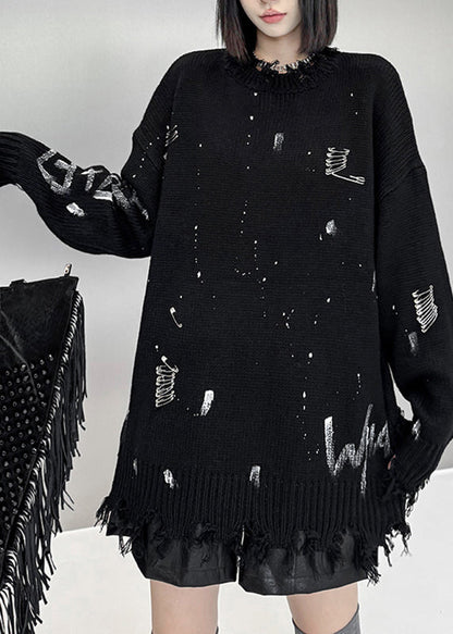 Black Graphic Hole Thick Cotton Knit Sweater Fall