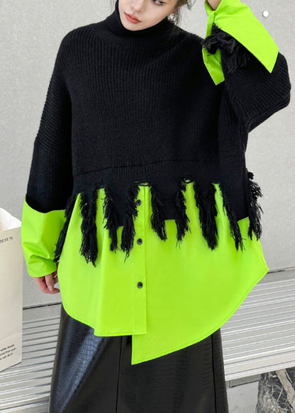 Black Green Hign Neck Asymmetrical Patchwork Knit Sweaters Spring