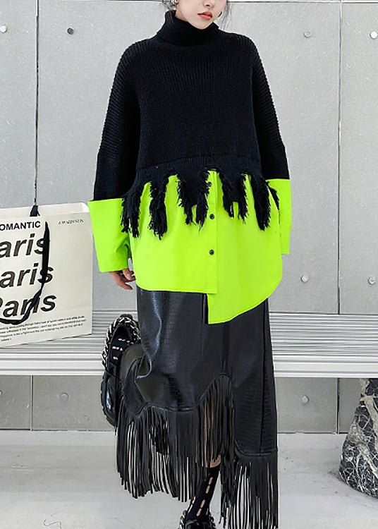 Black Green Hign Neck Asymmetrical Patchwork Knit Sweaters Spring