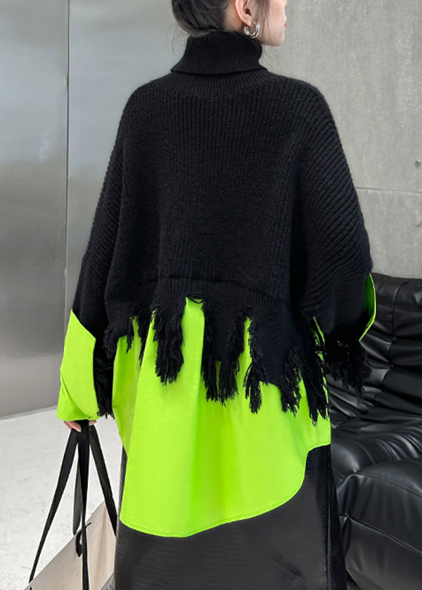 Black Green Hign Neck Asymmetrical Patchwork Knit Sweaters Spring