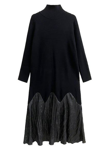 Black High Neck Patchwork Knit Long Dresses Spring