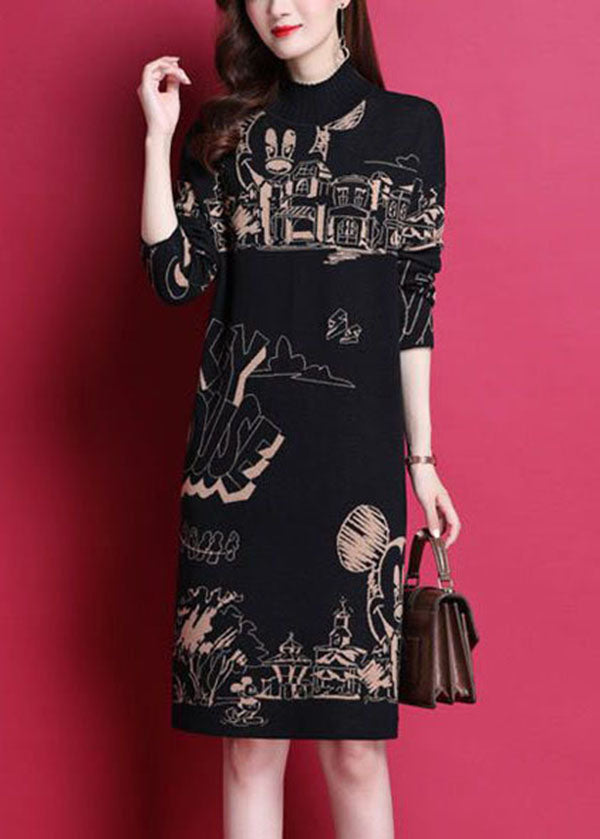 Black High Neck Print Thick Knit Holiday Dress Long Sleeve