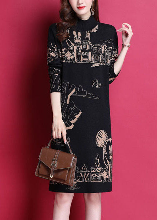 Black High Neck Print Thick Knit Holiday Dress Long Sleeve
