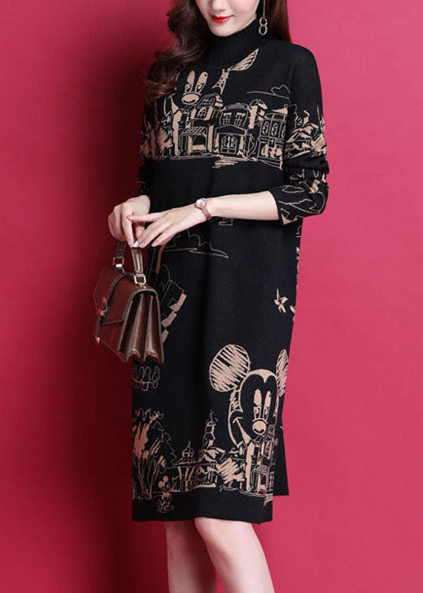 Black High Neck Print Thick Knit Holiday Dress Long Sleeve