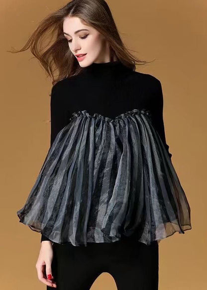 Black High Neck Tulle Patchwork Striped Knit Sweaters Spring