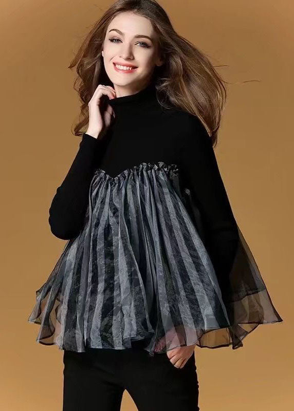 Black High Neck Tulle Patchwork Striped Knit Sweaters Spring