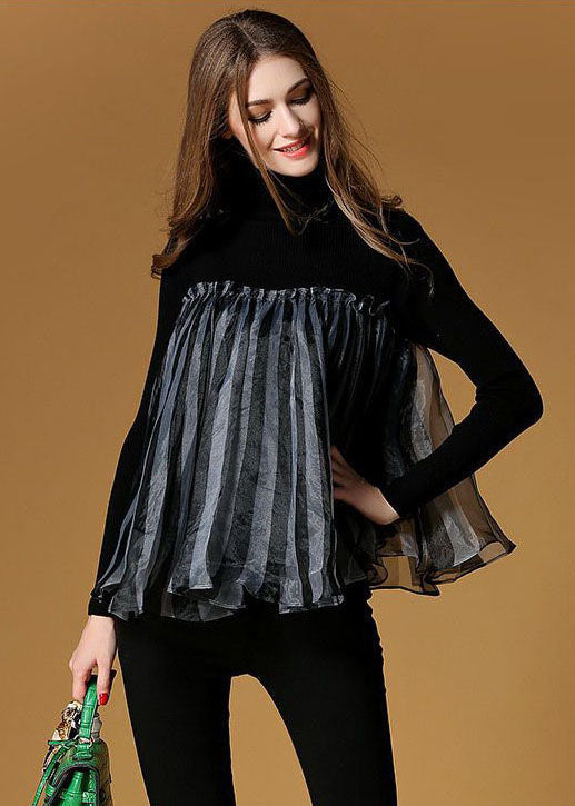 Black High Neck Tulle Patchwork Striped Knit Sweaters Spring