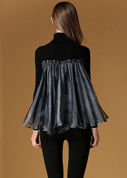 Black High Neck Tulle Patchwork Striped Knit Sweaters Spring