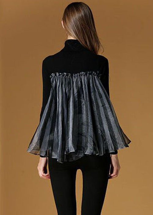 Black High Neck Tulle Patchwork Striped Knit Sweaters Spring
