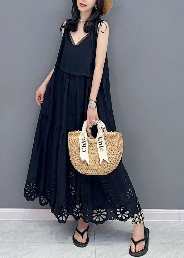 Black Hollow Out Lace Up Patchwork Cotton Dresses Sleeveless