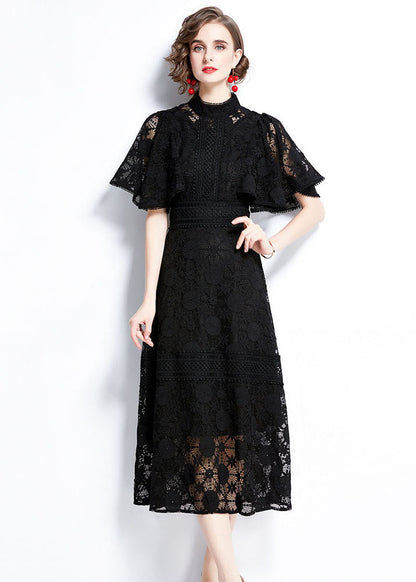 Black Hollow Out Patchwork Lace Dress Butterfly Sleeve