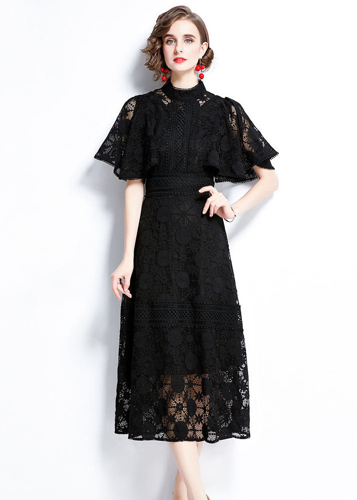 Black Hollow Out Patchwork Lace Dress Butterfly Sleeve