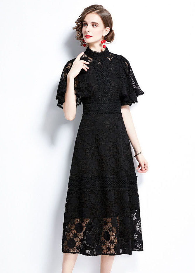 Black Hollow Out Patchwork Lace Dress Butterfly Sleeve