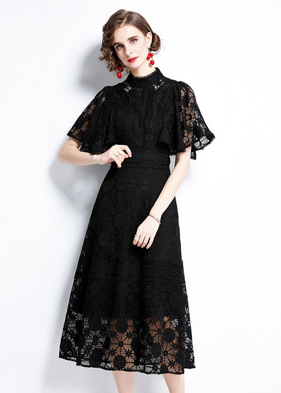 Black Hollow Out Patchwork Lace Dress Butterfly Sleeve