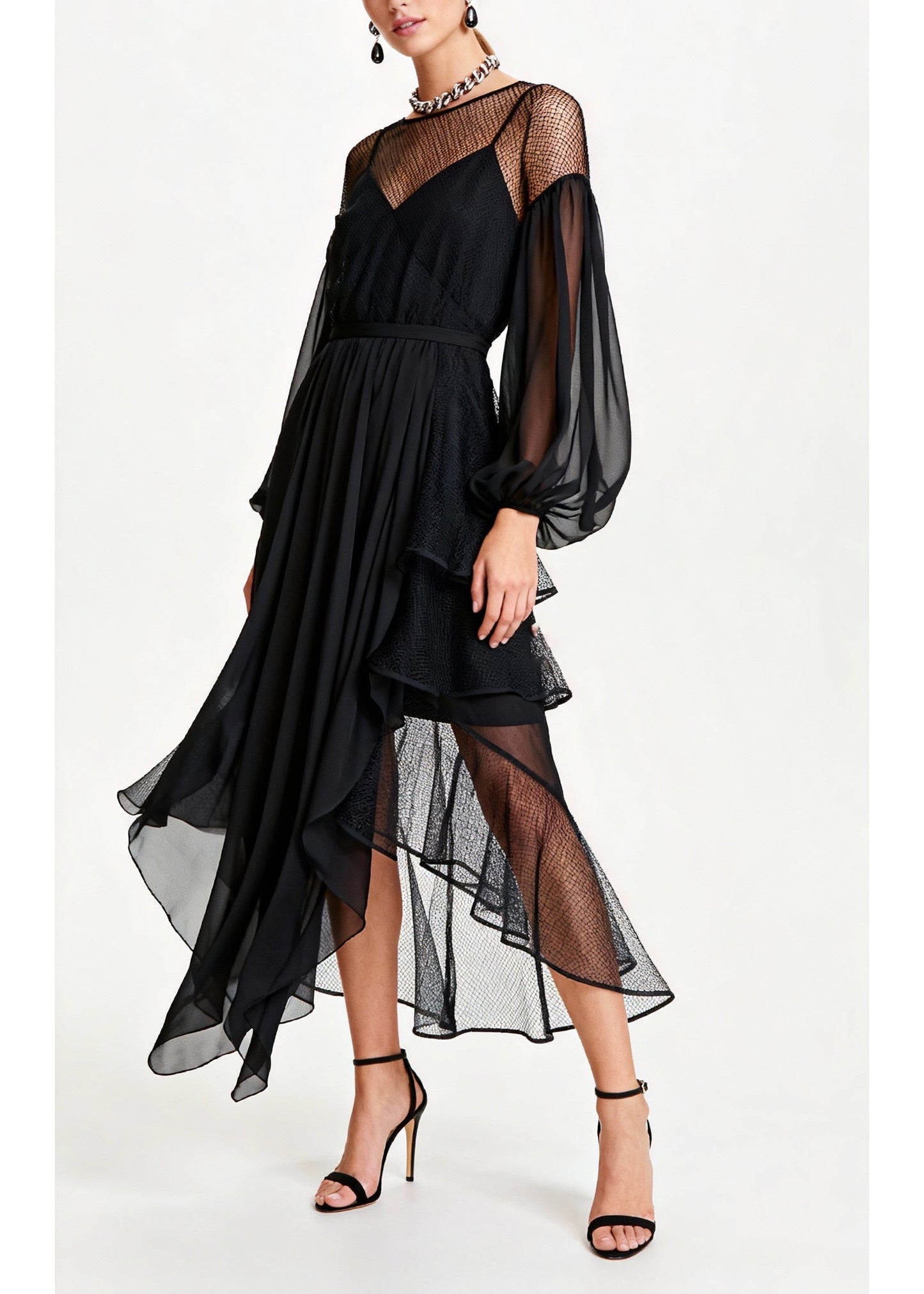 Black Hollow Out Patchwork Tulle Chiffon Party Dresses Summer