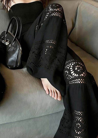 Black Hollow Out Wide Leg Pants Summer