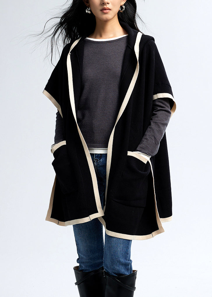 Black Hooded Pockets Knit Loose Cardigan Fall