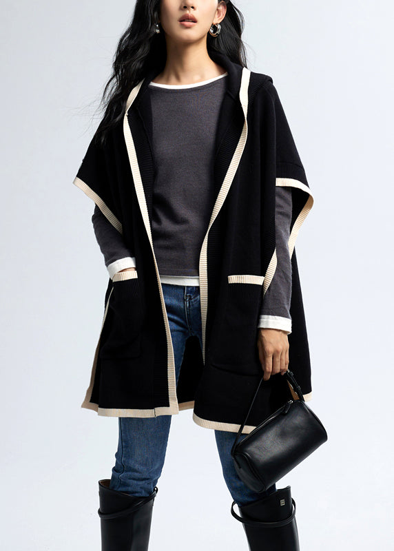 Black Hooded Pockets Knit Loose Cardigan Fall