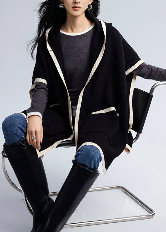 Black Hooded Pockets Knit Loose Cardigan Fall
