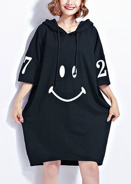 Black Hooded Smile Print Cotton Maxi Dresses Short Sleeve