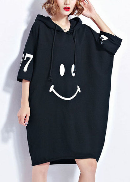 Black Hooded Smile Print Cotton Maxi Dresses Short Sleeve