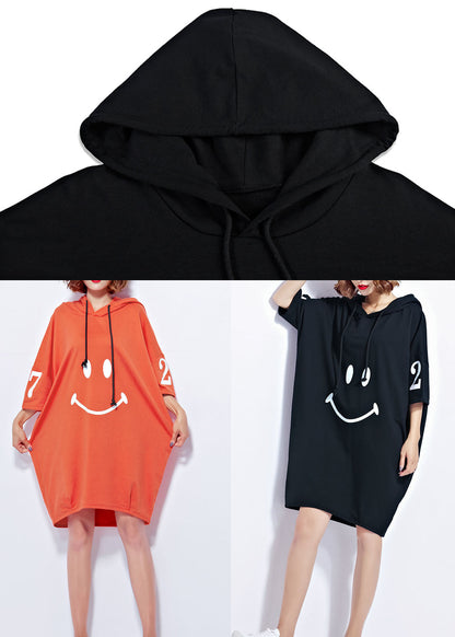 Black Hooded Smile Print Cotton Maxi Dresses Short Sleeve