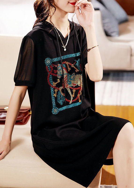 Black Hooded Zircon Patchwork Cotton Dress Summer