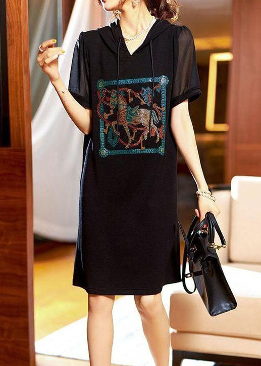 Black Hooded Zircon Patchwork Cotton Dress Summer