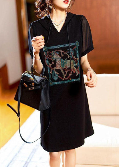 Black Hooded Zircon Patchwork Cotton Dress Summer