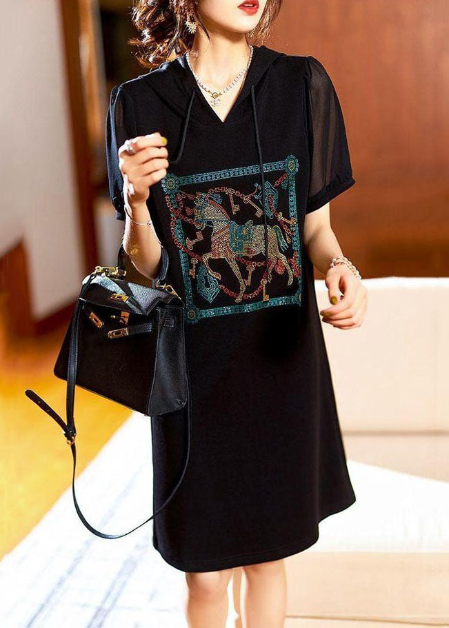 Black Hooded Zircon Patchwork Cotton Dress Summer