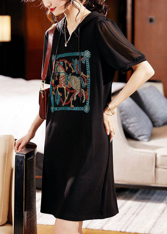Black Hooded Zircon Patchwork Cotton Dress Summer