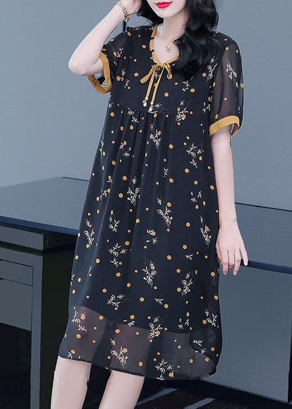 Black Lace Up Wrinkled Patchwork Print Chiffon Party Dress Short Sleeve