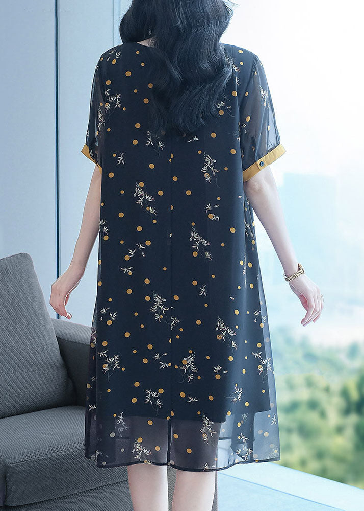 Black Lace Up Wrinkled Patchwork Print Chiffon Party Dress Short Sleeve
