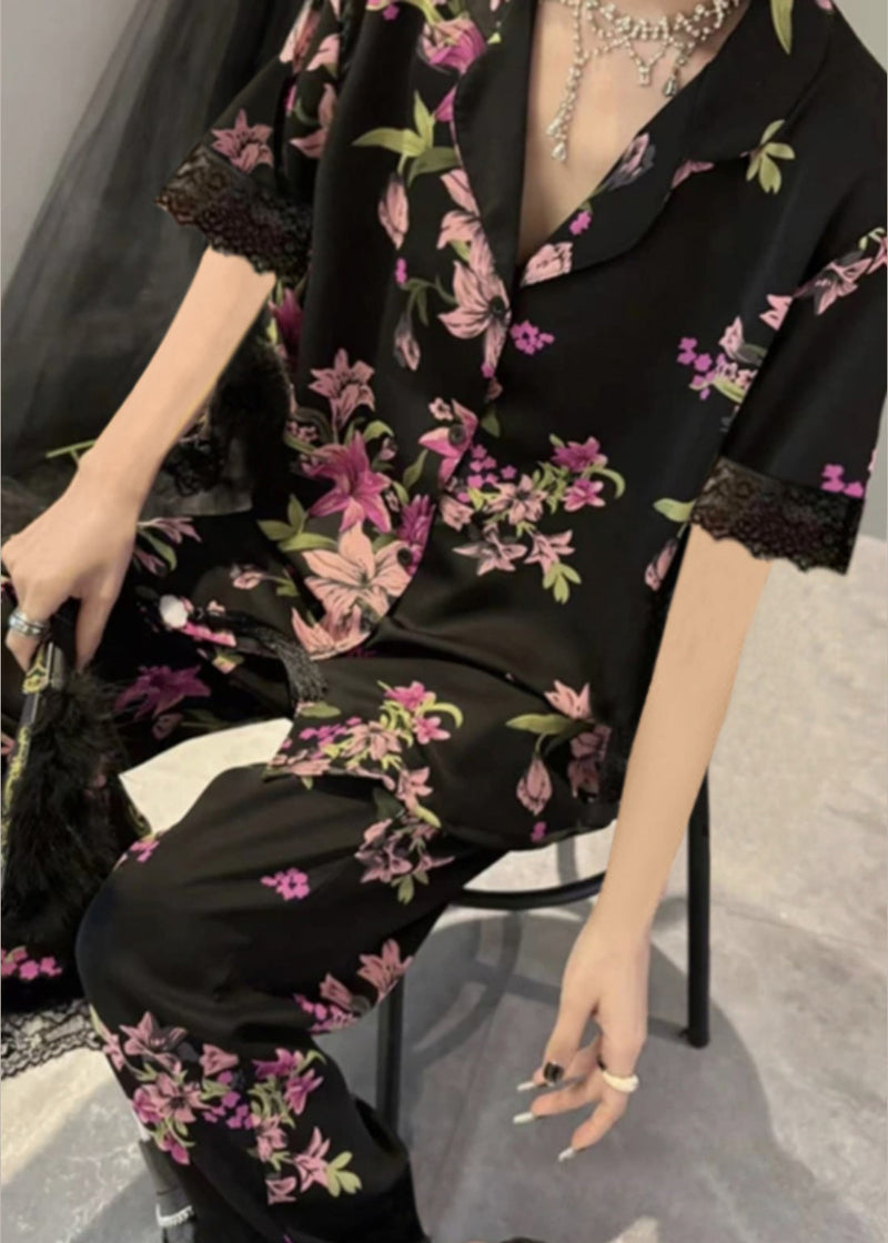 Black Notched Print Button Ice Silk Two Pieces Set Summer