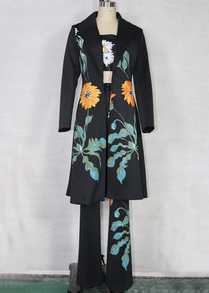 Black Notched Print Coats ,tube Top and Pants Three Pieces Set Spring