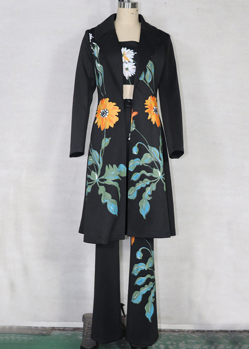 Black Notched Print Coats ,tube Top and Pants Three Pieces Set Spring
