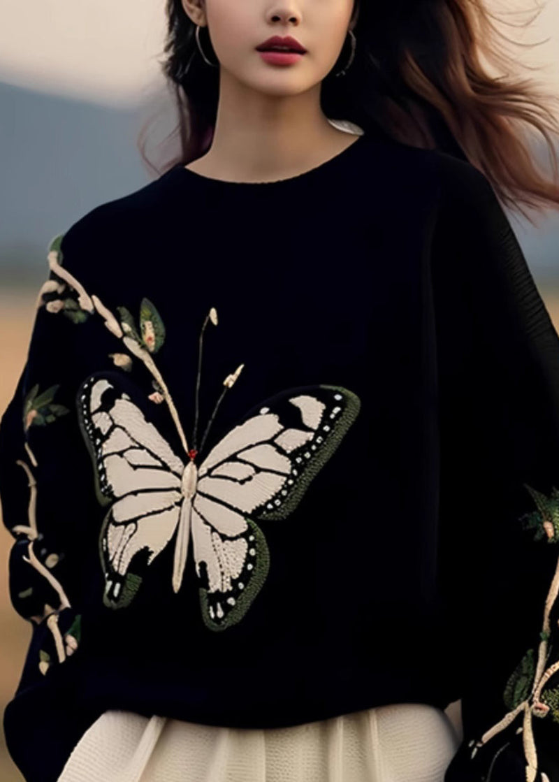 Black O Neck Butterfly Print Knit Sweaters Spring